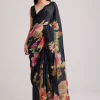 Black Floral Printed Satin Saree With Sequins Lace Border