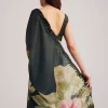 Black Floral Printed Satin Saree With Sequins Lace Border
