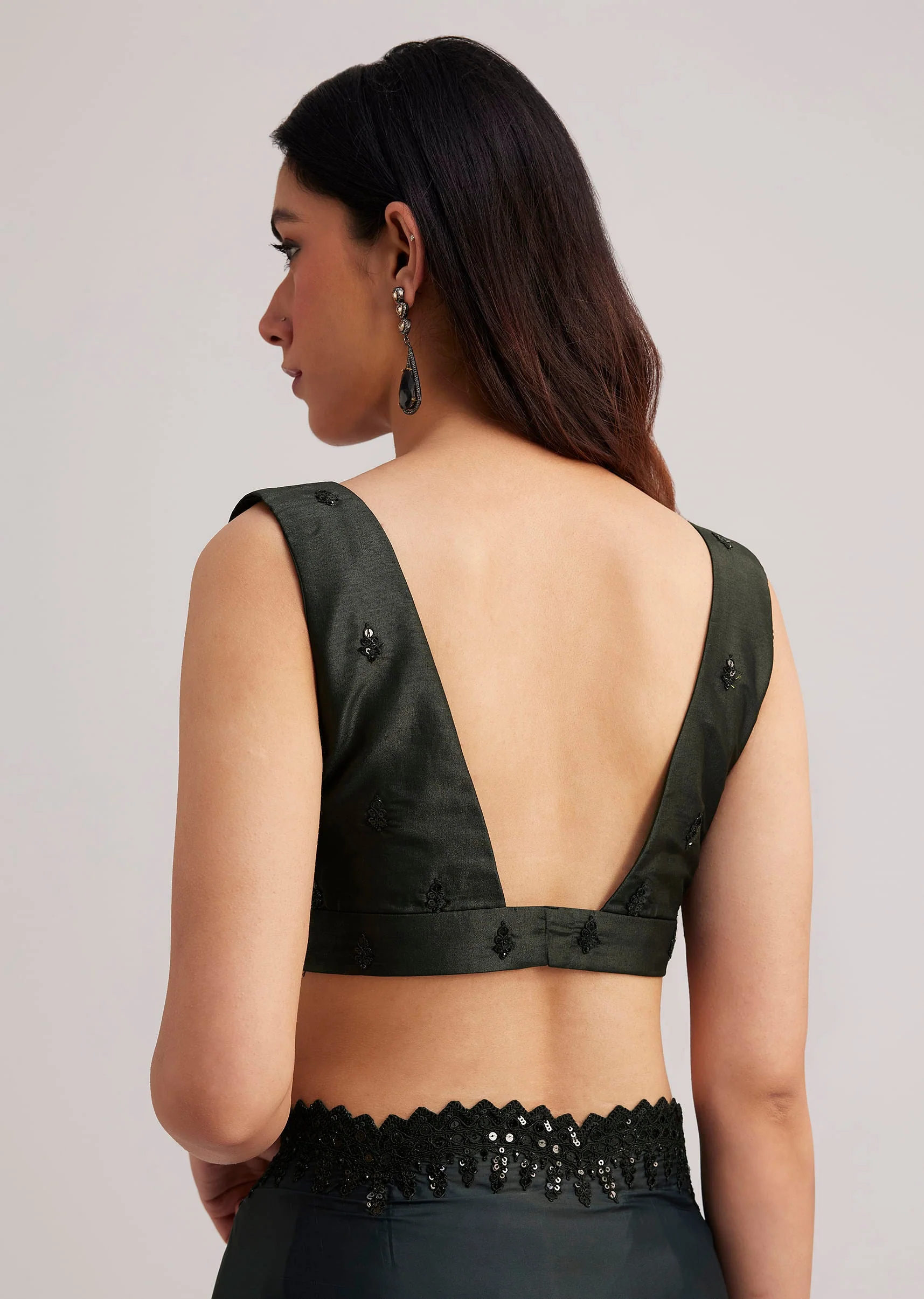 Black Floral Printed Satin Saree With Sequins Lace Border