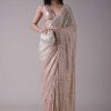 Peach Pink And Silver Toned Sequins Saree With An Embellished Border