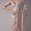 Peach Pink And Silver Toned Sequins Saree With An Embellished Border