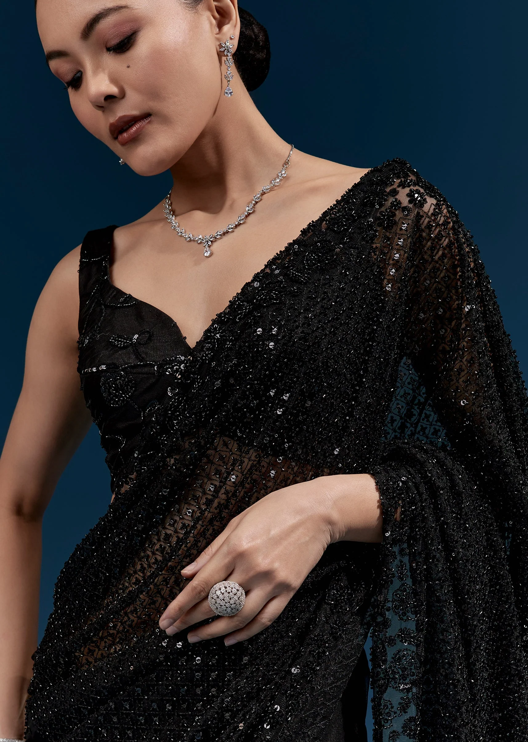Black Heavy Embroidered Net Saree With Cutwork Border And Jaal Work