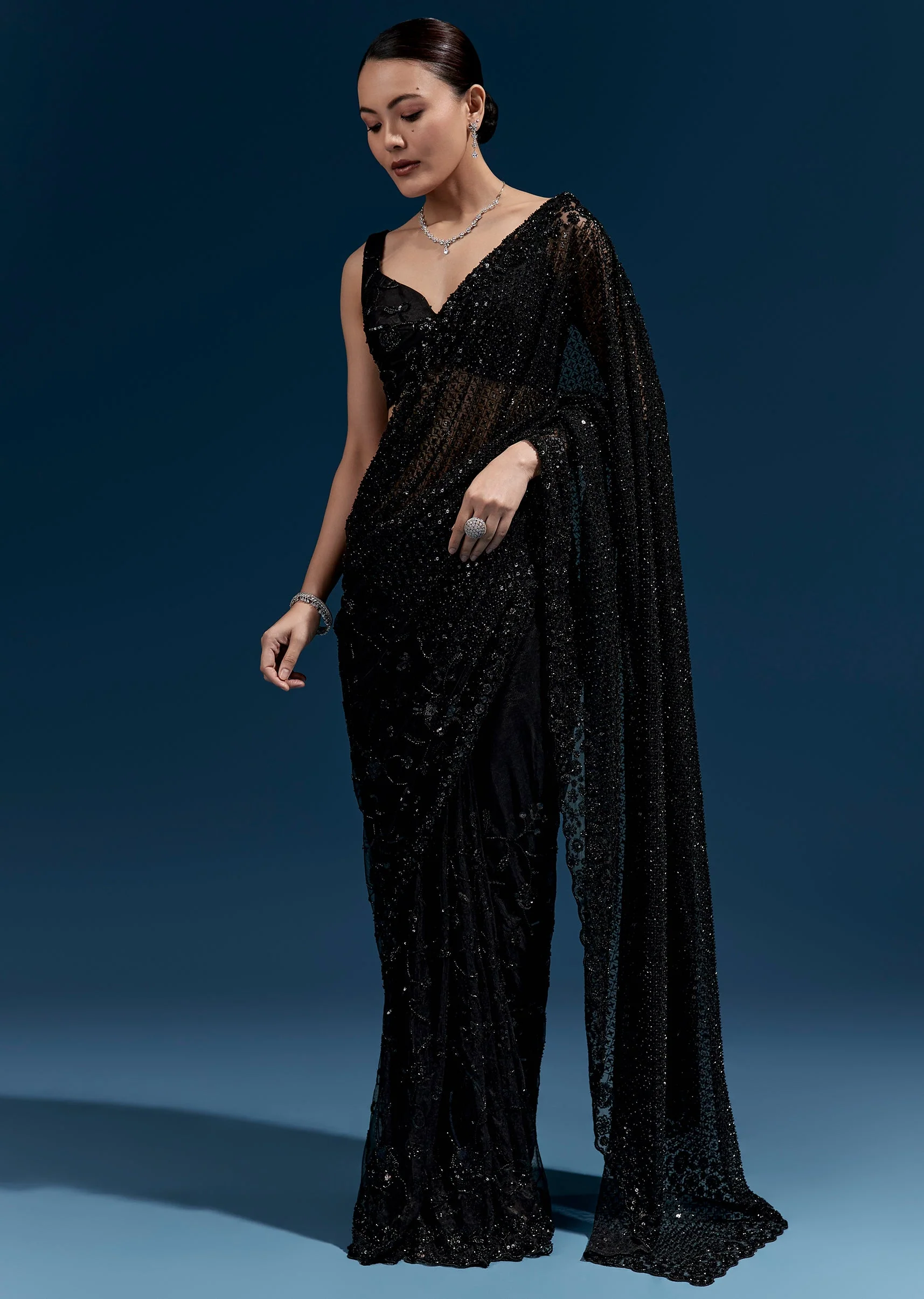 Black Heavy Embroidered Net Saree With Cutwork Border And Jaal Work