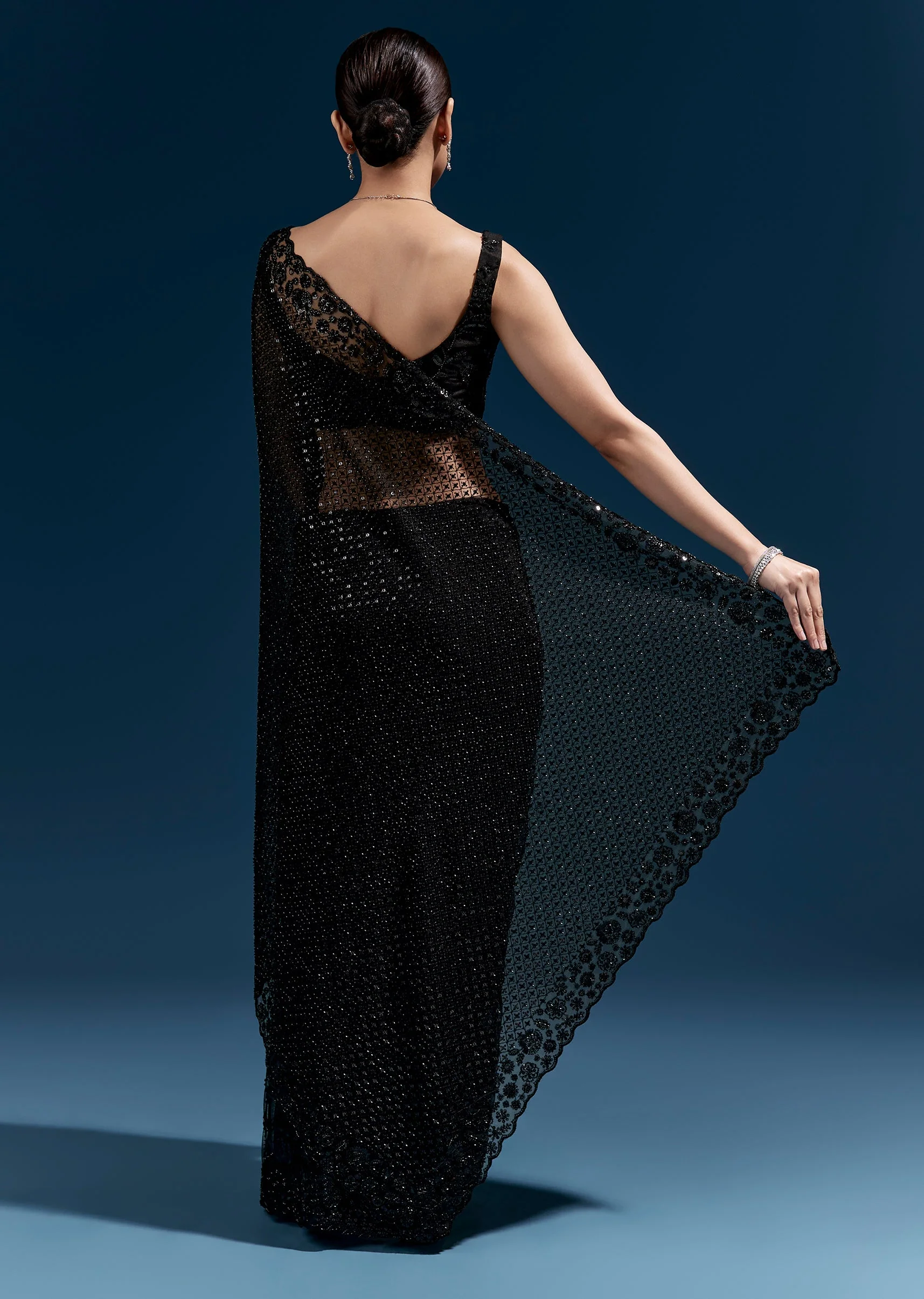 Black Heavy Embroidered Net Saree With Cutwork Border And Jaal Work