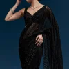 Black Heavy Embroidered Net Saree With Cutwork Border And Jaal Work
