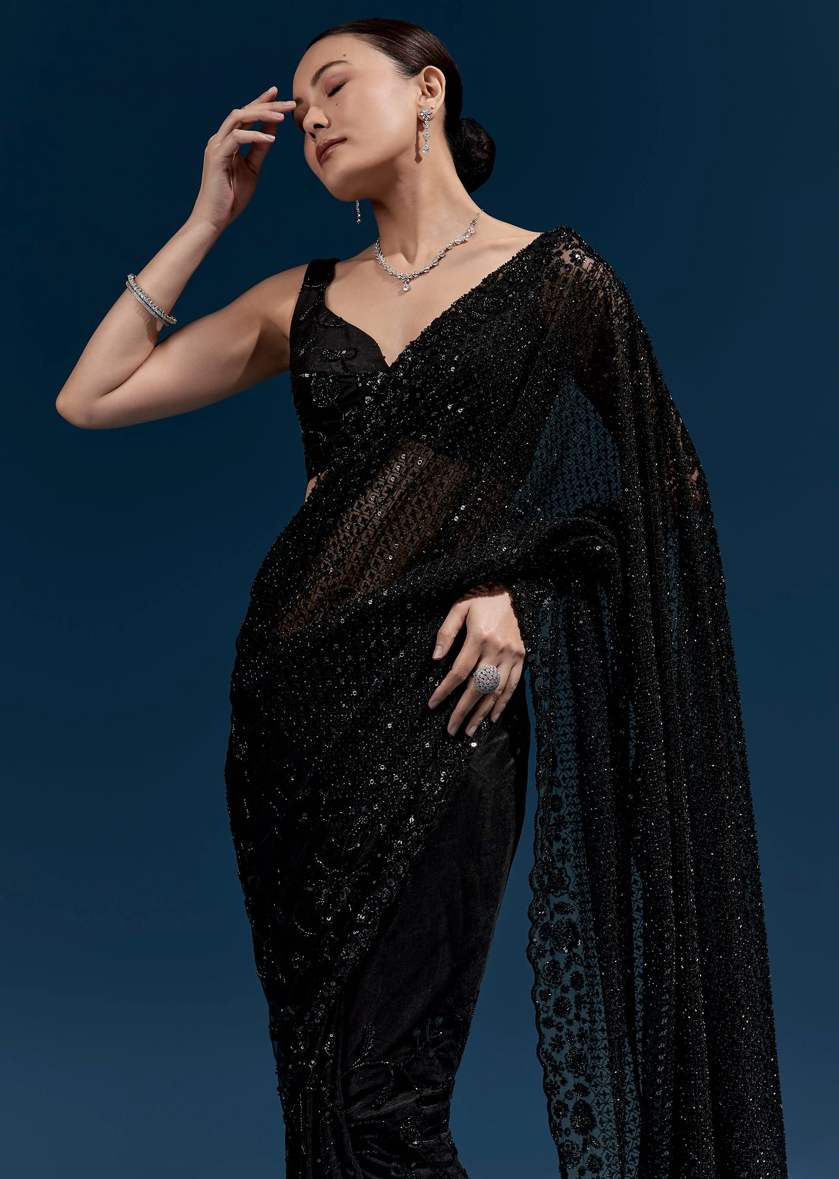 Black Heavy Embroidered Net Saree With Cutwork Border And Jaal Work