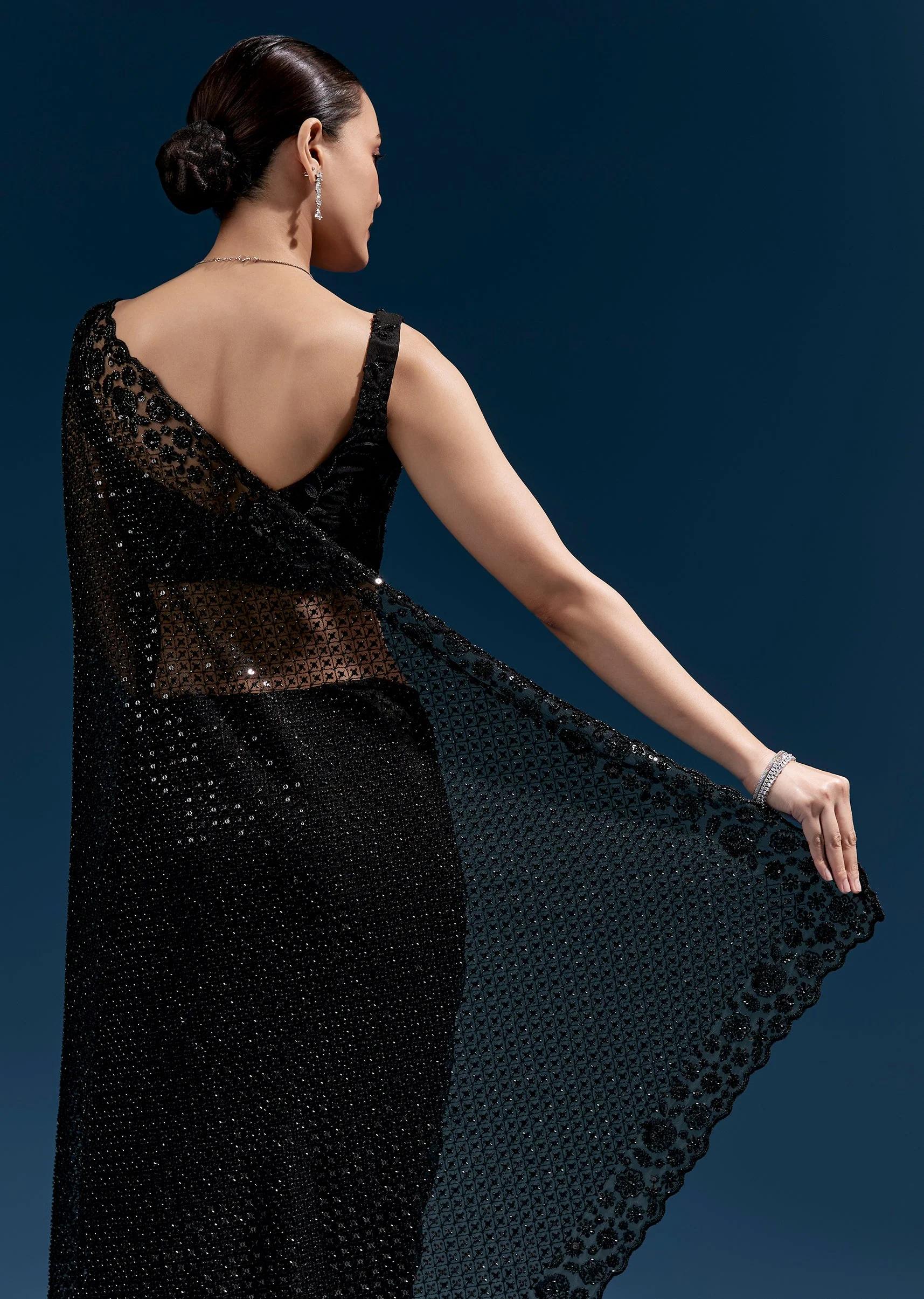 Black Heavy Embroidered Net Saree With Cutwork Border And Jaal Work