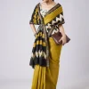 Mustard Yellow Block Printed Saree with Unstitched Blouse