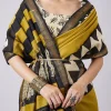 Mustard Yellow Block Printed Saree with Unstitched Blouse