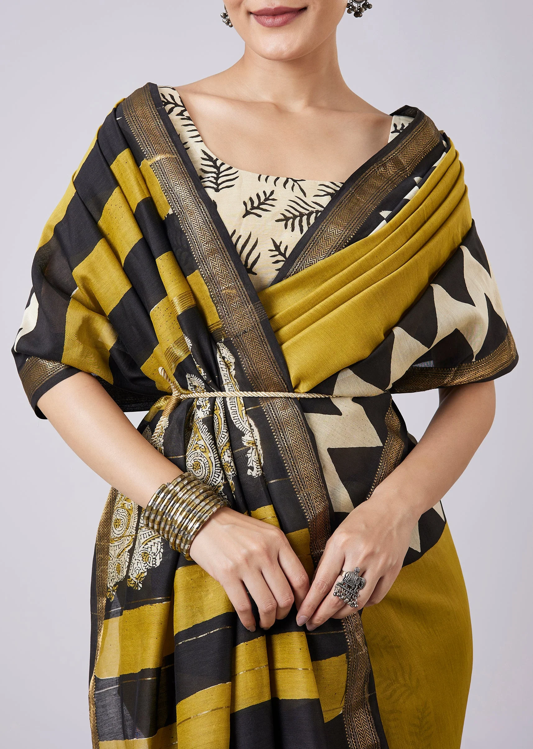 Mustard Yellow Block Printed Saree with Unstitched Blouse