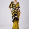 Mustard Yellow Block Printed Saree with Unstitched Blouse