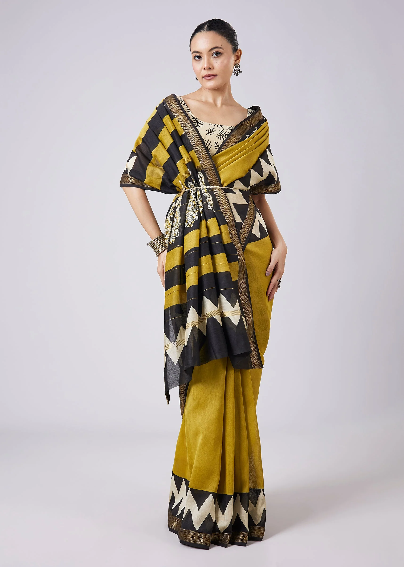Mustard Yellow Block Printed Saree with Unstitched Blouse