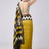 Mustard Yellow Block Printed Saree with Unstitched Blouse