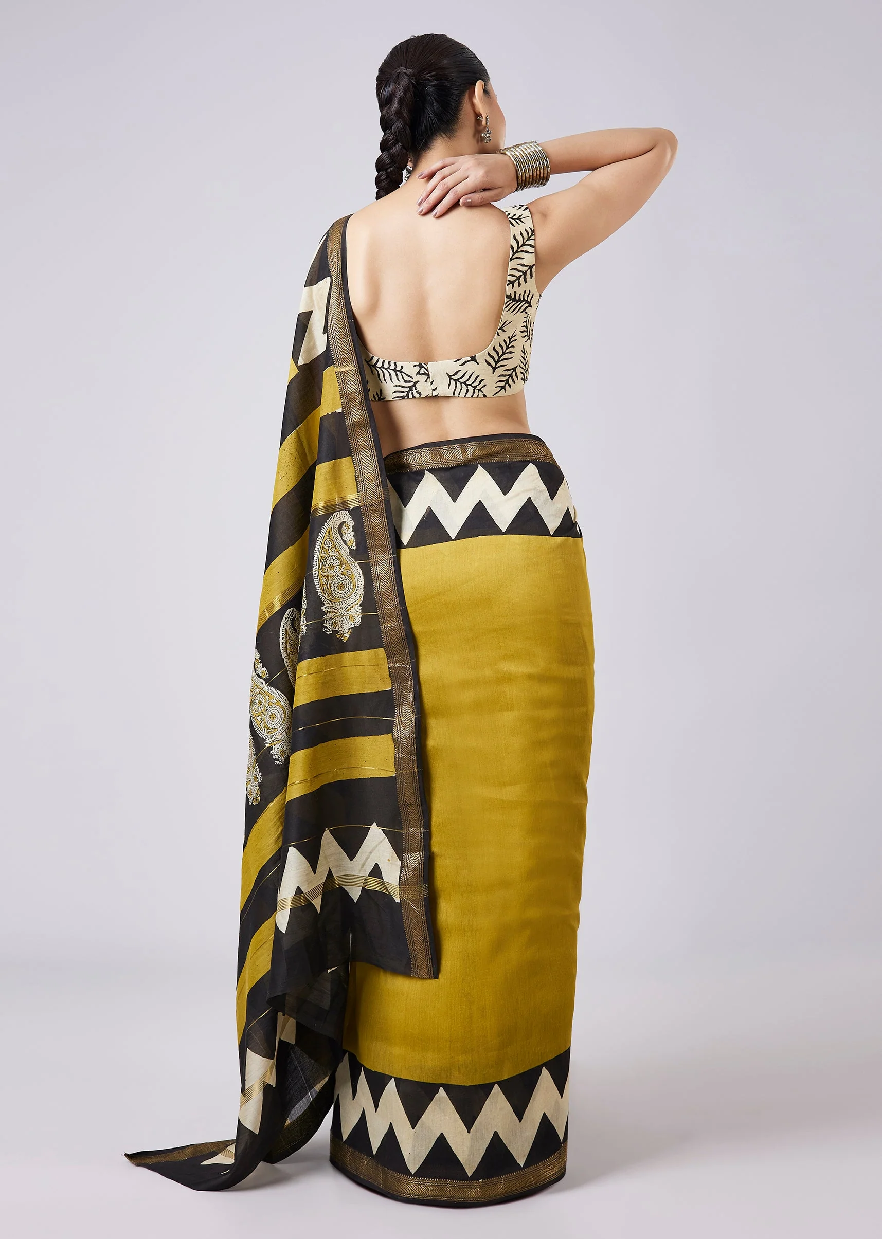 Mustard Yellow Block Printed Saree with Unstitched Blouse