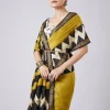 Mustard Yellow Block Printed Saree with Unstitched Blouse