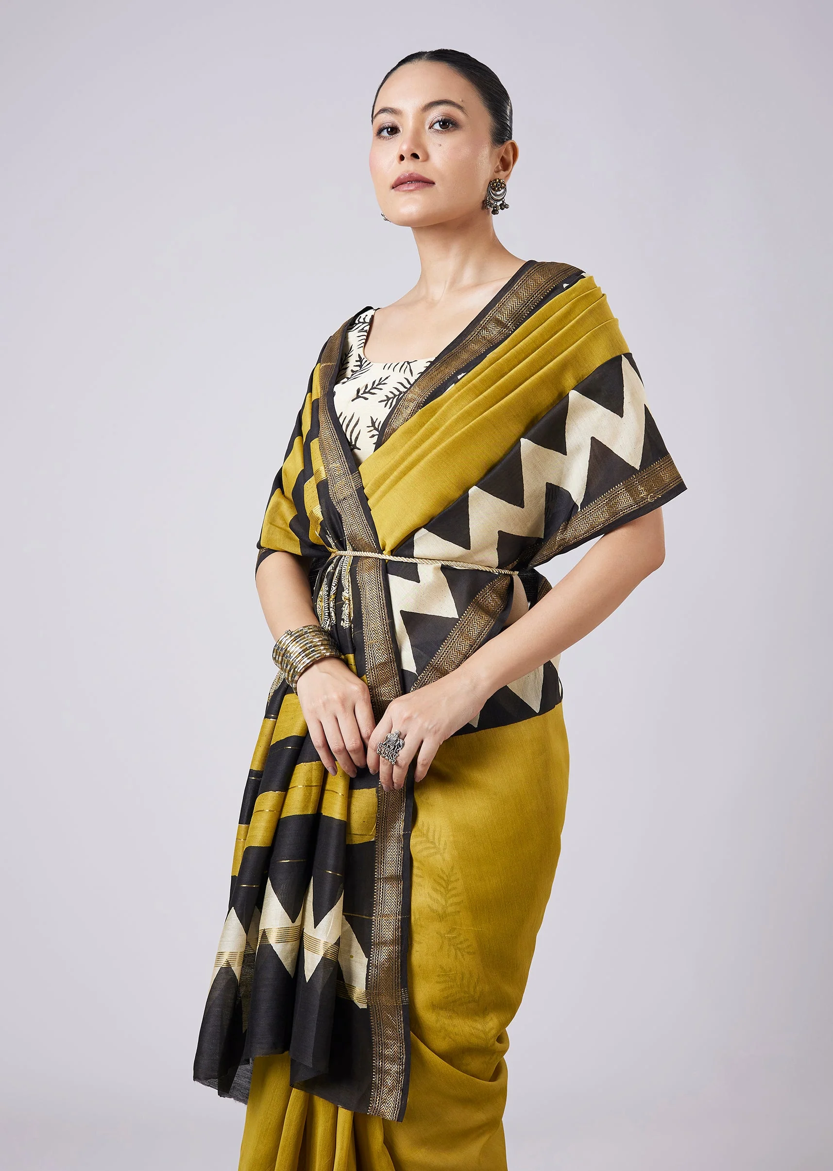 Mustard Yellow Block Printed Saree with Unstitched Blouse