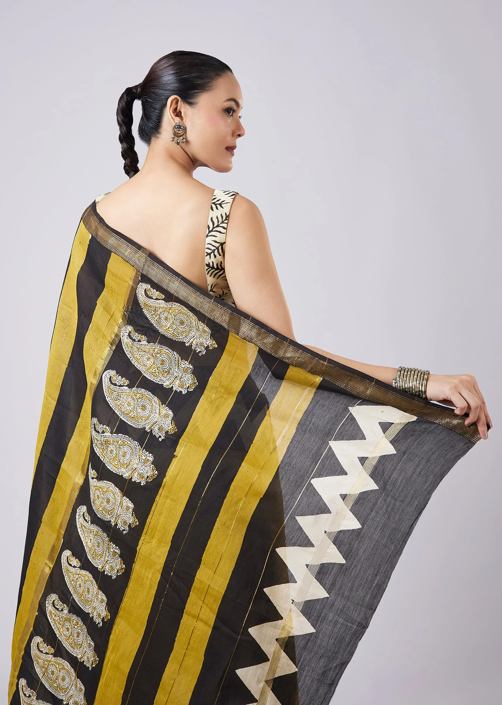 Mustard Yellow Block Printed Saree with Unstitched Blouse