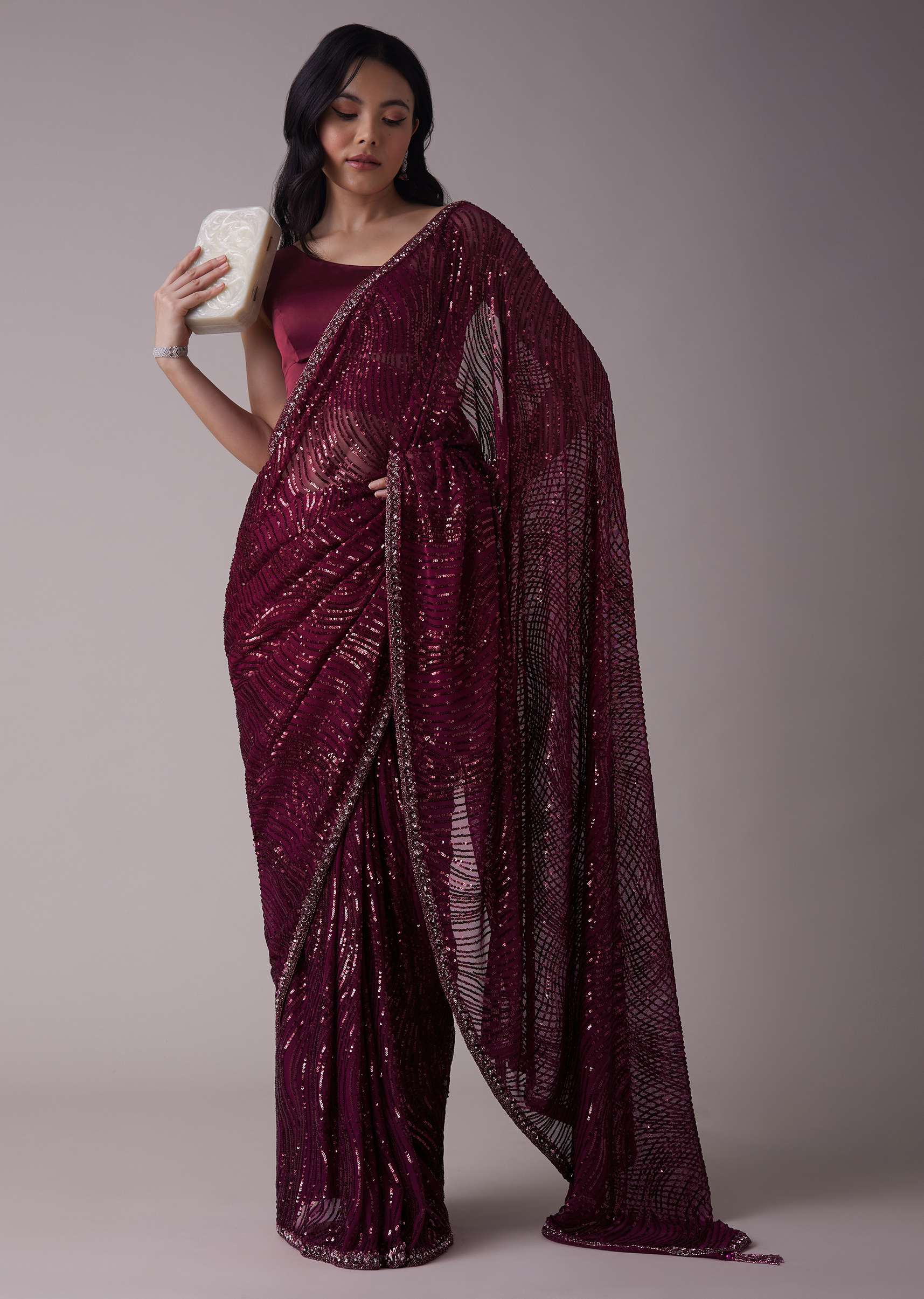 2791-wine-sequins-saree-with-an-embellished-border-1.jpg Wine Sequins Saree With An Embellished Border