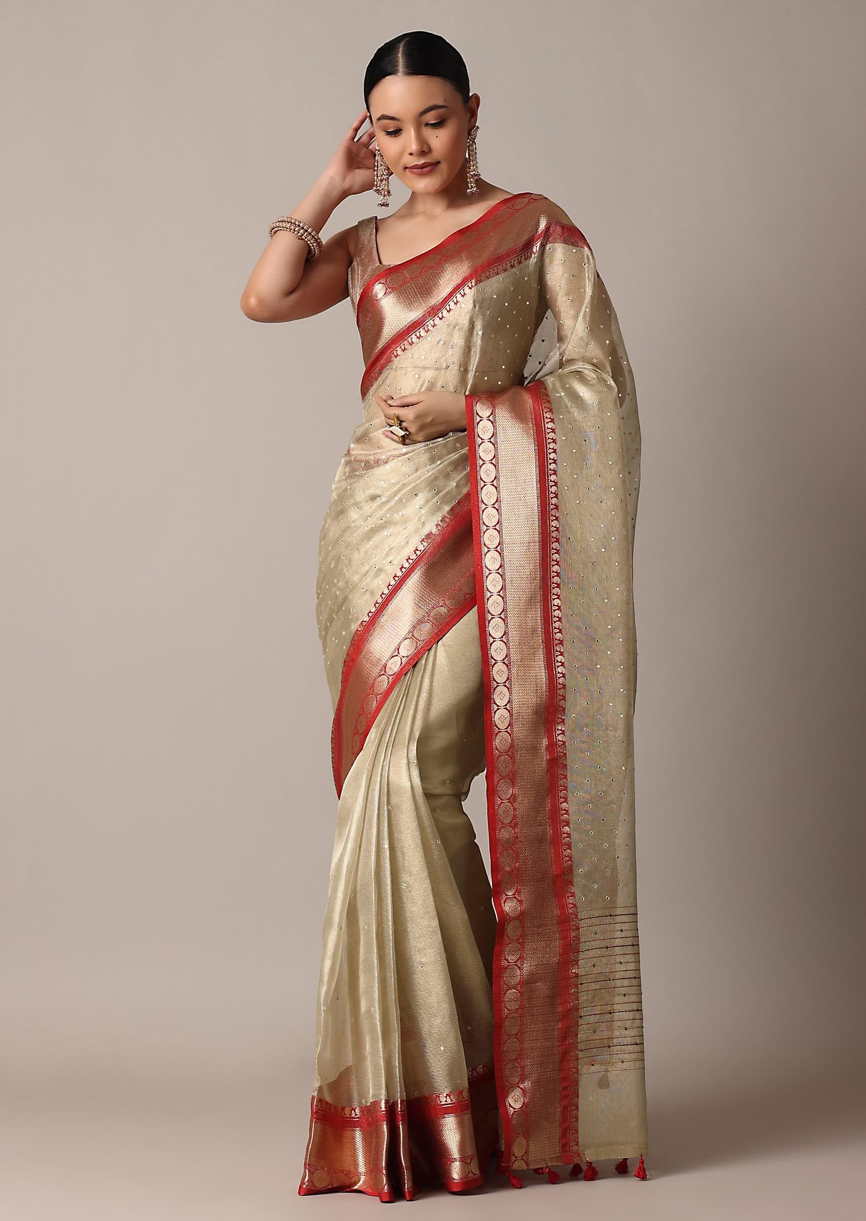 2807-gold-chanderi-kota-silk-woven-saree-with-mirror-work-and-unstitched-blouse-piece-1.jpg Gold Chanderi Kota Silk Woven Saree With Mirror Work And Unstitched Blouse Piece