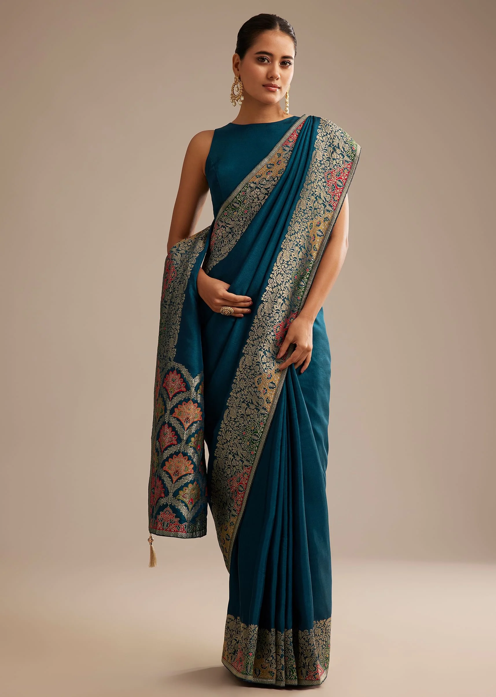 Navy Blue Dola Silk Saree With Zari Embroidery
