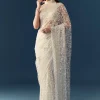 Cream Net Jaal Embellished Saree with Unstitched Blouse