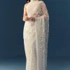 Cream Net Jaal Embellished Saree with Unstitched Blouse
