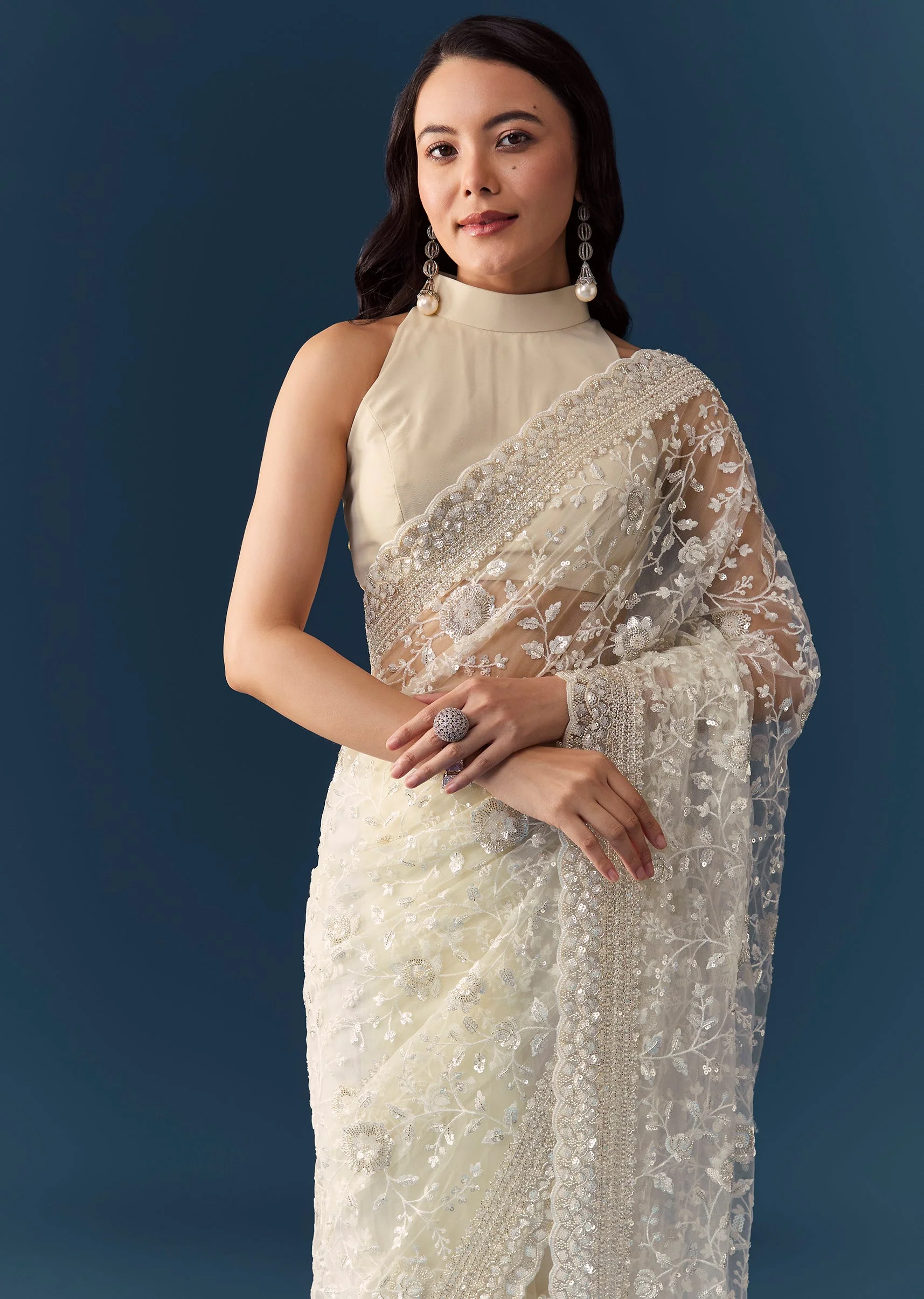 Cream Net Jaal Embellished Saree with Unstitched Blouse