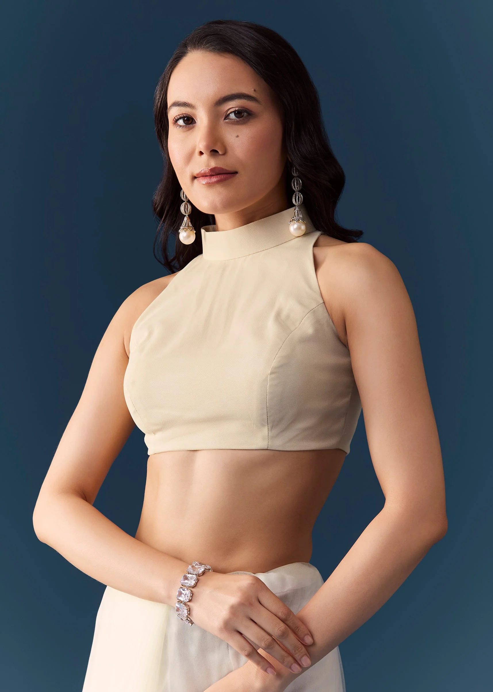 Cream Net Jaal Embellished Saree with Unstitched Blouse