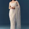 White Net Jaal Resham Work Saree with Unstitched Blouse