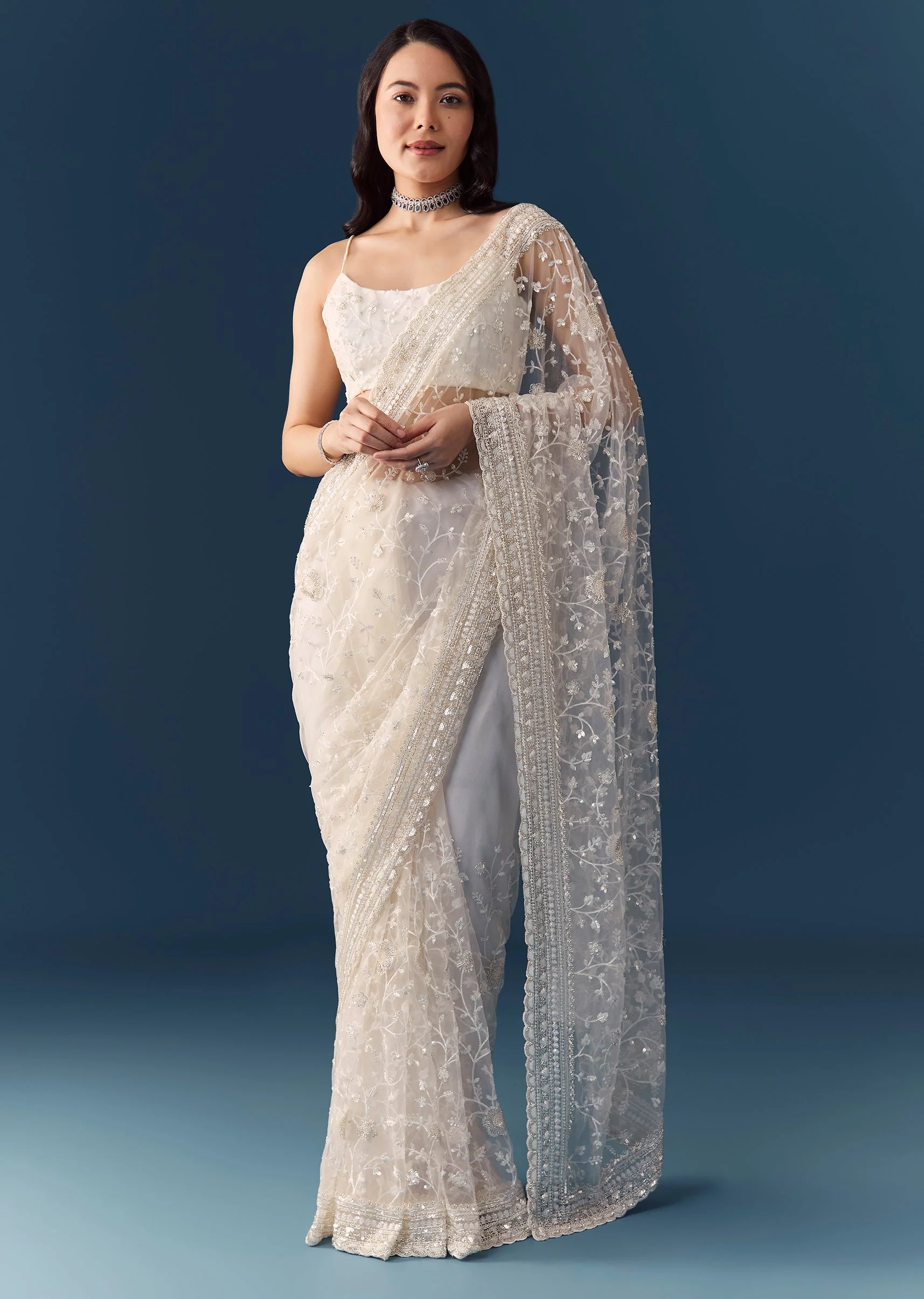 2855-white-net-jaal-resham-work-saree-with-unstitched-blouse-1.webp White Net Jaal Resham Work Saree with Unstitched Blouse