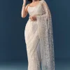 White Net Jaal Resham Work Saree with Unstitched Blouse