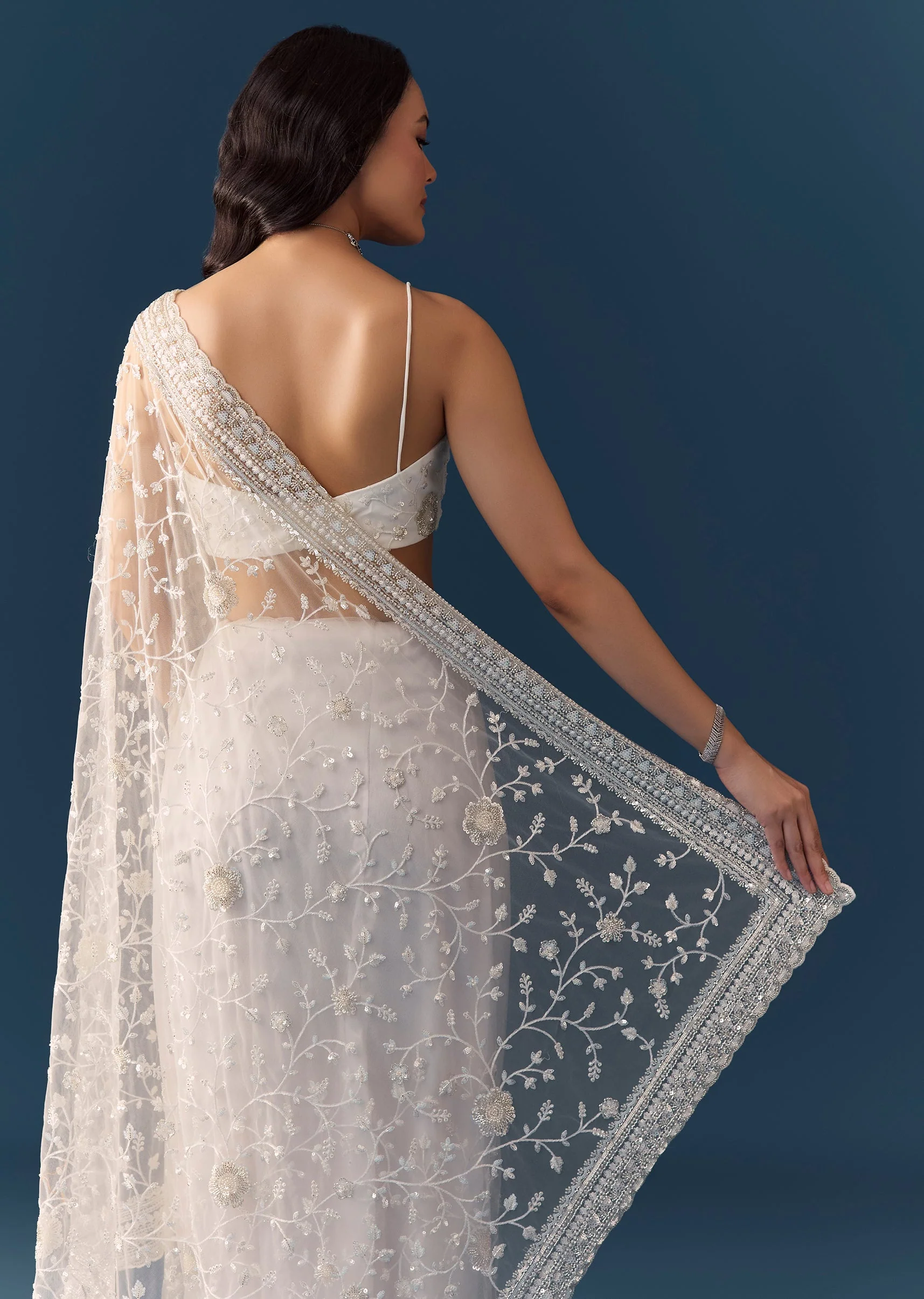 White Net Jaal Resham Work Saree with Unstitched Blouse
