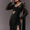Black Ready Drape Slit Saree With Full Sleeve Blouse