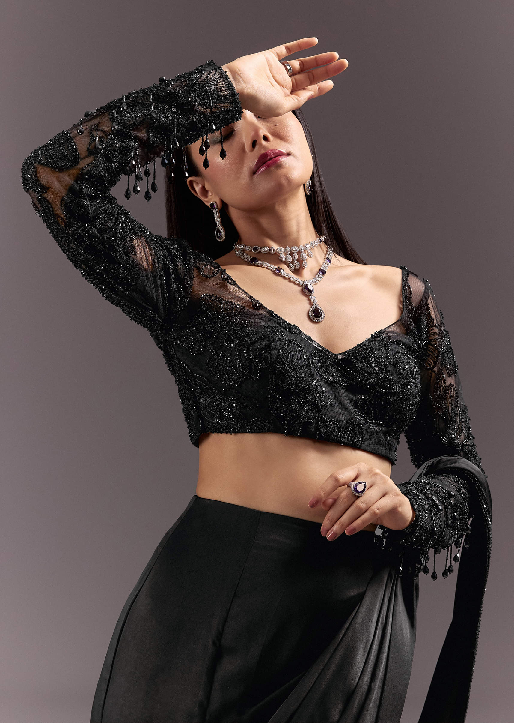 Black Ready Drape Slit Saree With Full Sleeve Blouse