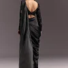 Black Ready Drape Slit Saree With Full Sleeve Blouse
