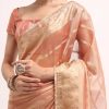 Pinkish Gold Zari Chanderi Silk Saree With Unstitched Border