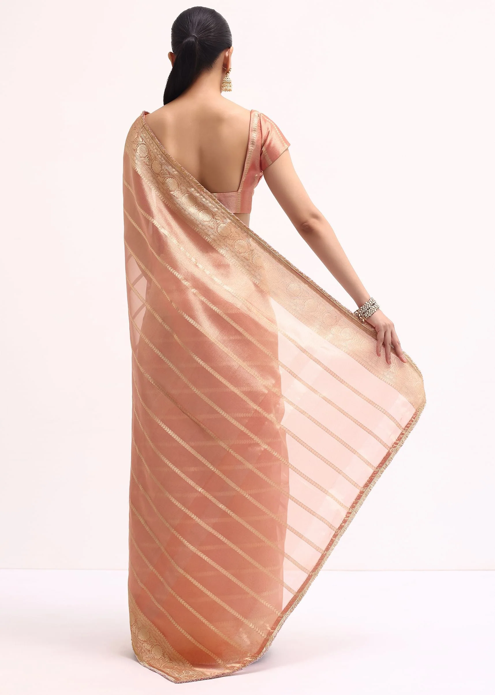 Pinkish Gold Zari Chanderi Silk Saree With Unstitched Border