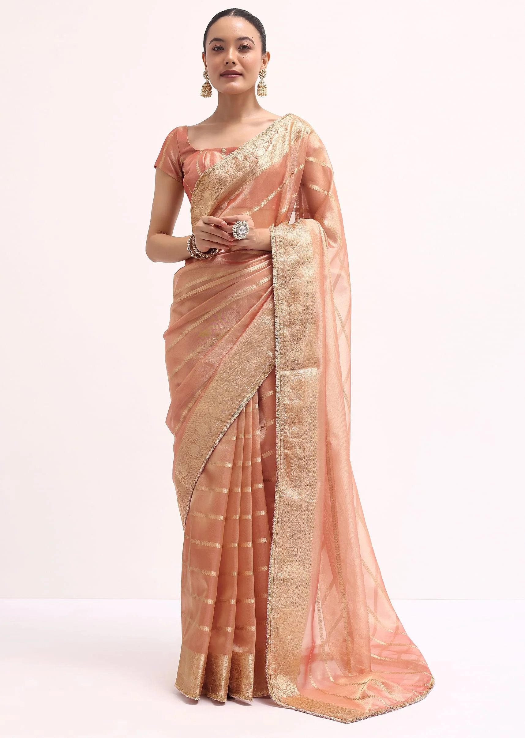 Pinkish Gold Zari Chanderi Silk Saree With Unstitched Border