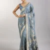 Greyish Blue Dola Silk Saree With Floral Zari Butta