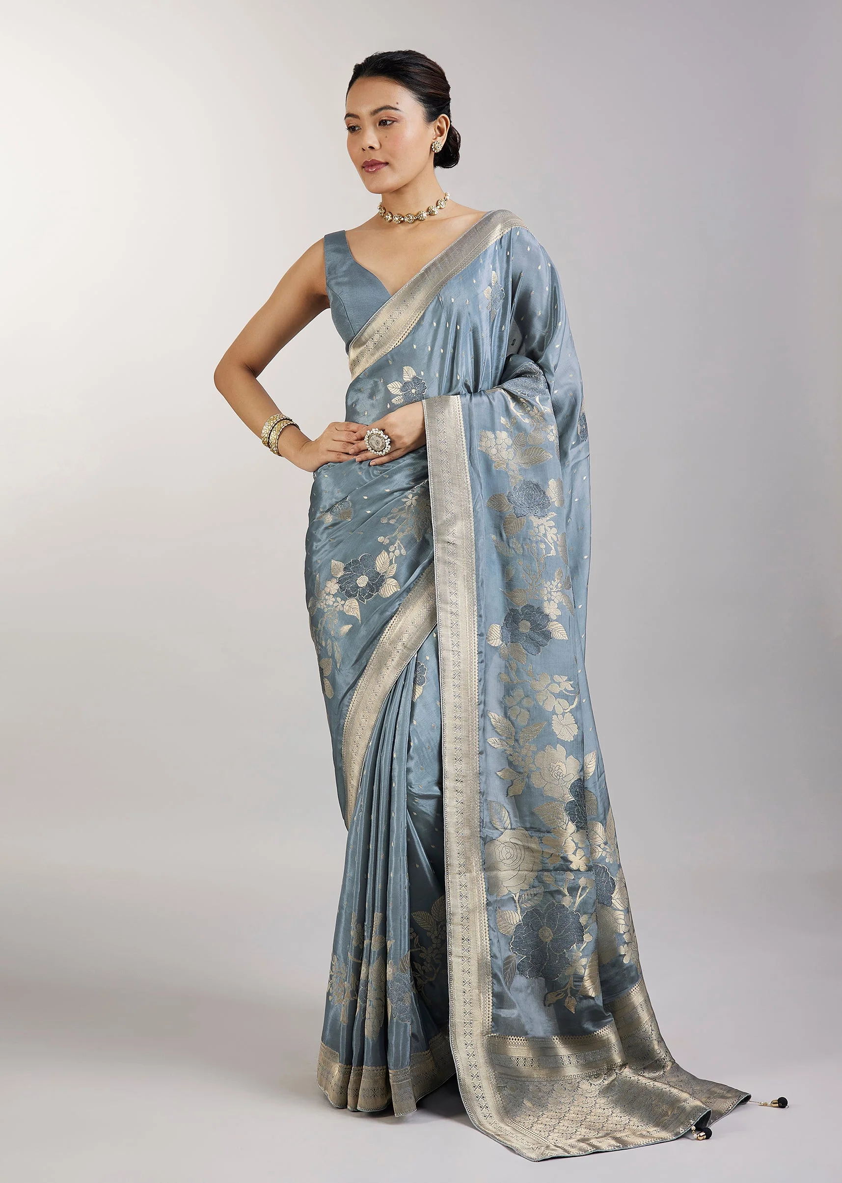 2918-greyish-blue-dola-silk-saree-with-floral-zari-butta-1.webp Greyish Blue Dola Silk Saree With Floral Zari Butta
