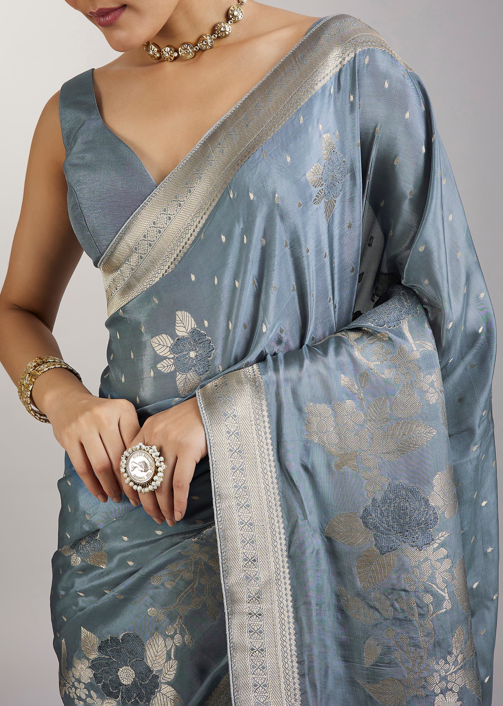 Greyish Blue Dola Silk Saree With Floral Zari Butta