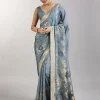 Greyish Blue Dola Silk Saree With Floral Zari Butta