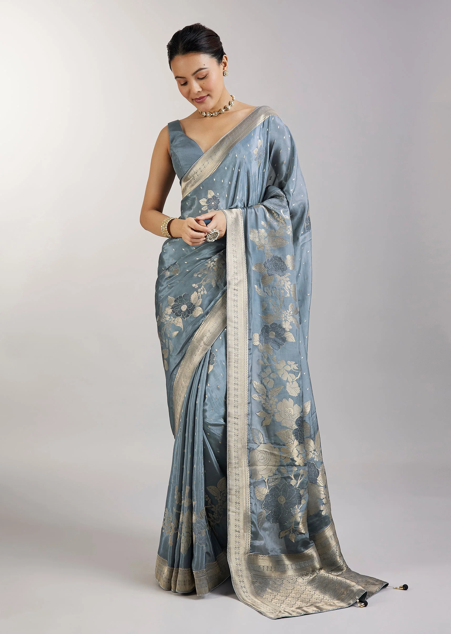 Greyish Blue Dola Silk Saree With Floral Zari Butta