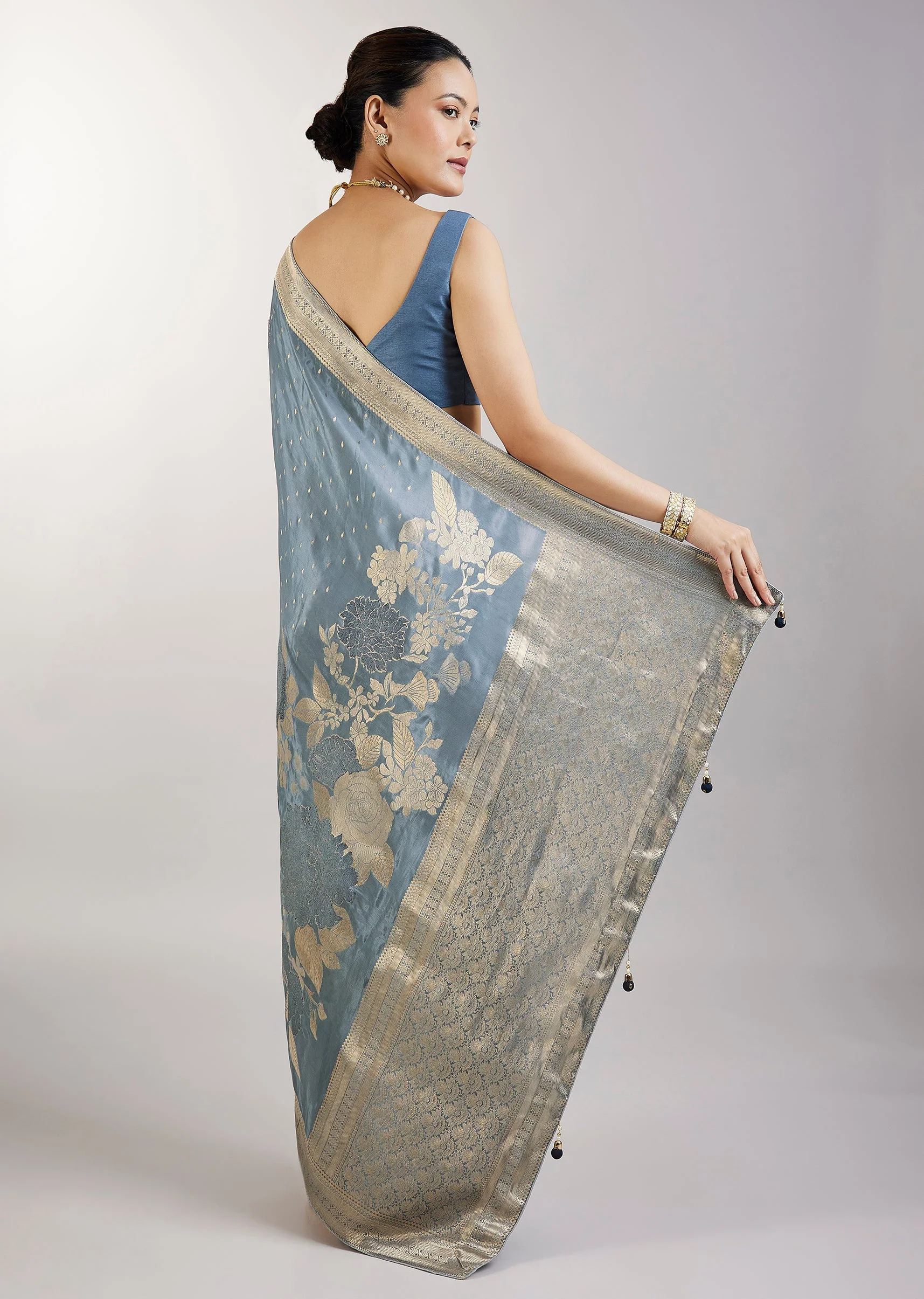 Greyish Blue Dola Silk Saree With Floral Zari Butta