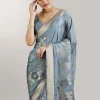 Greyish Blue Dola Silk Saree With Floral Zari Butta