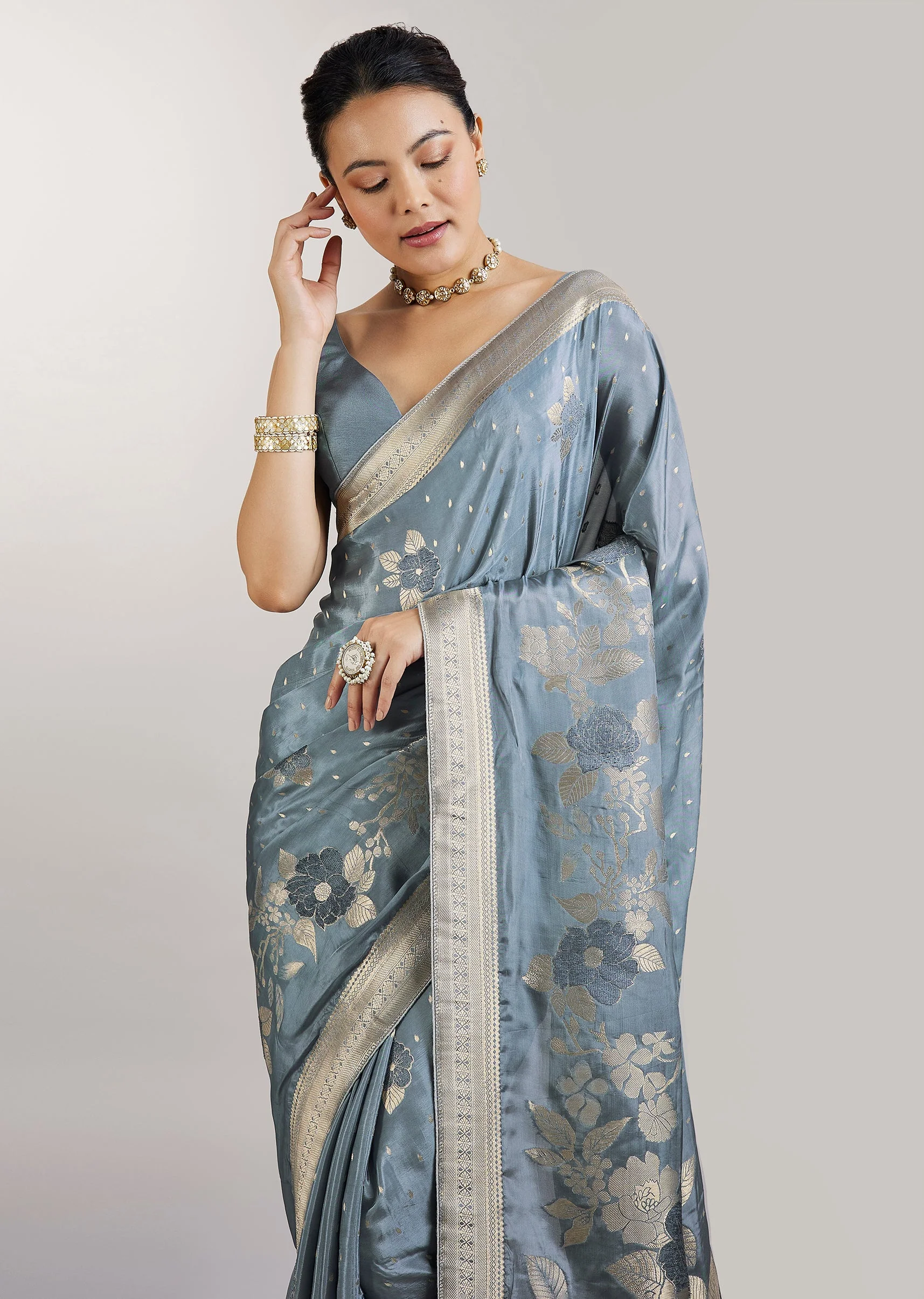 Greyish Blue Dola Silk Saree With Floral Zari Butta