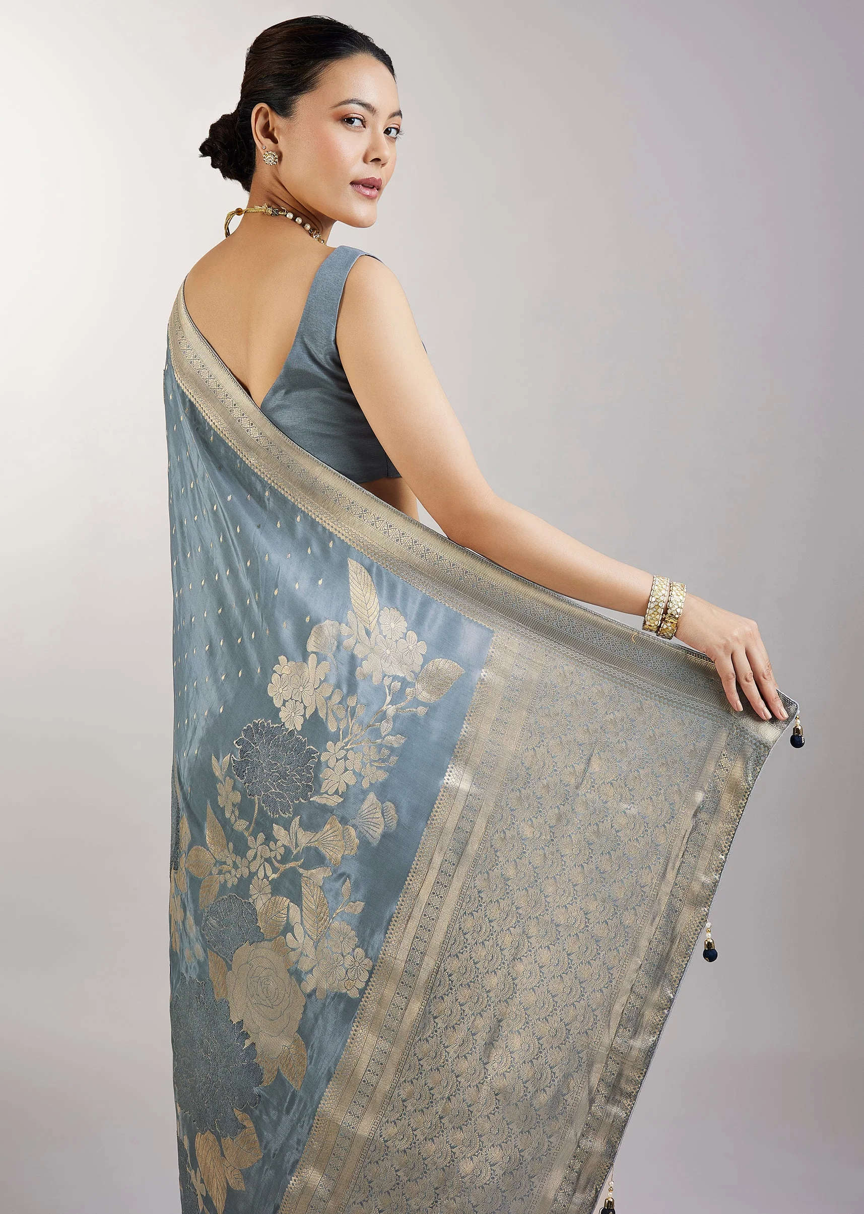Greyish Blue Dola Silk Saree With Floral Zari Butta