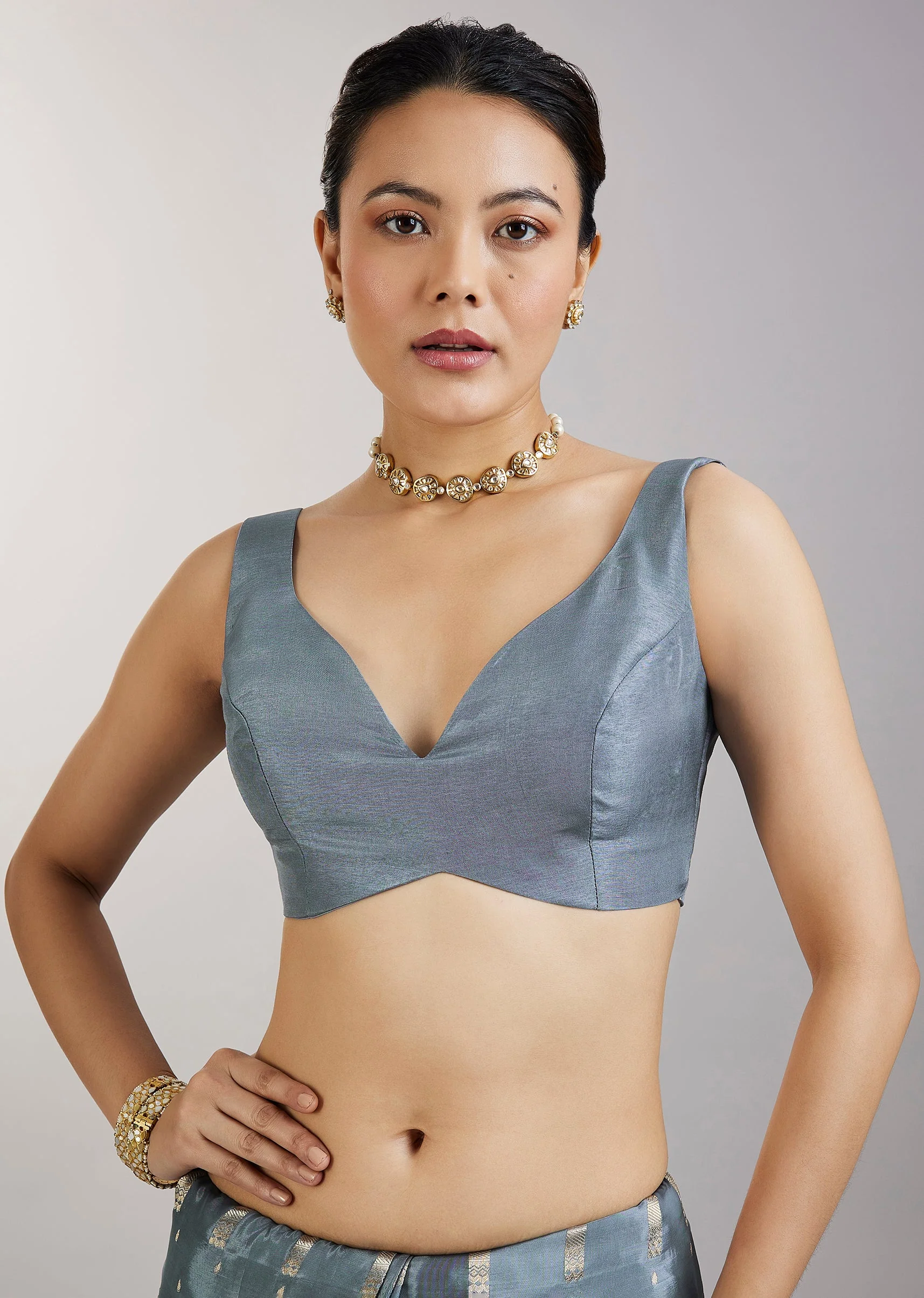 Greyish Blue Dola Silk Saree With Floral Zari Butta