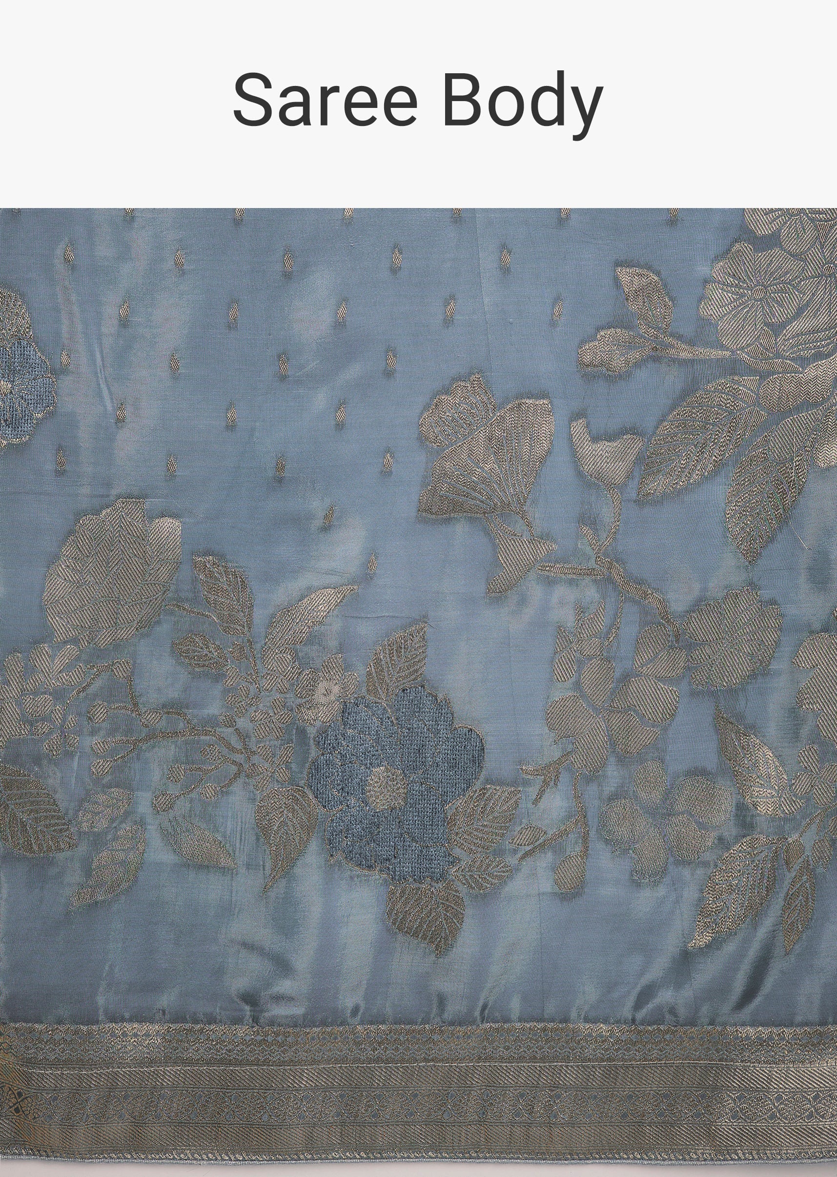 Greyish Blue Dola Silk Saree With Floral Zari Butta