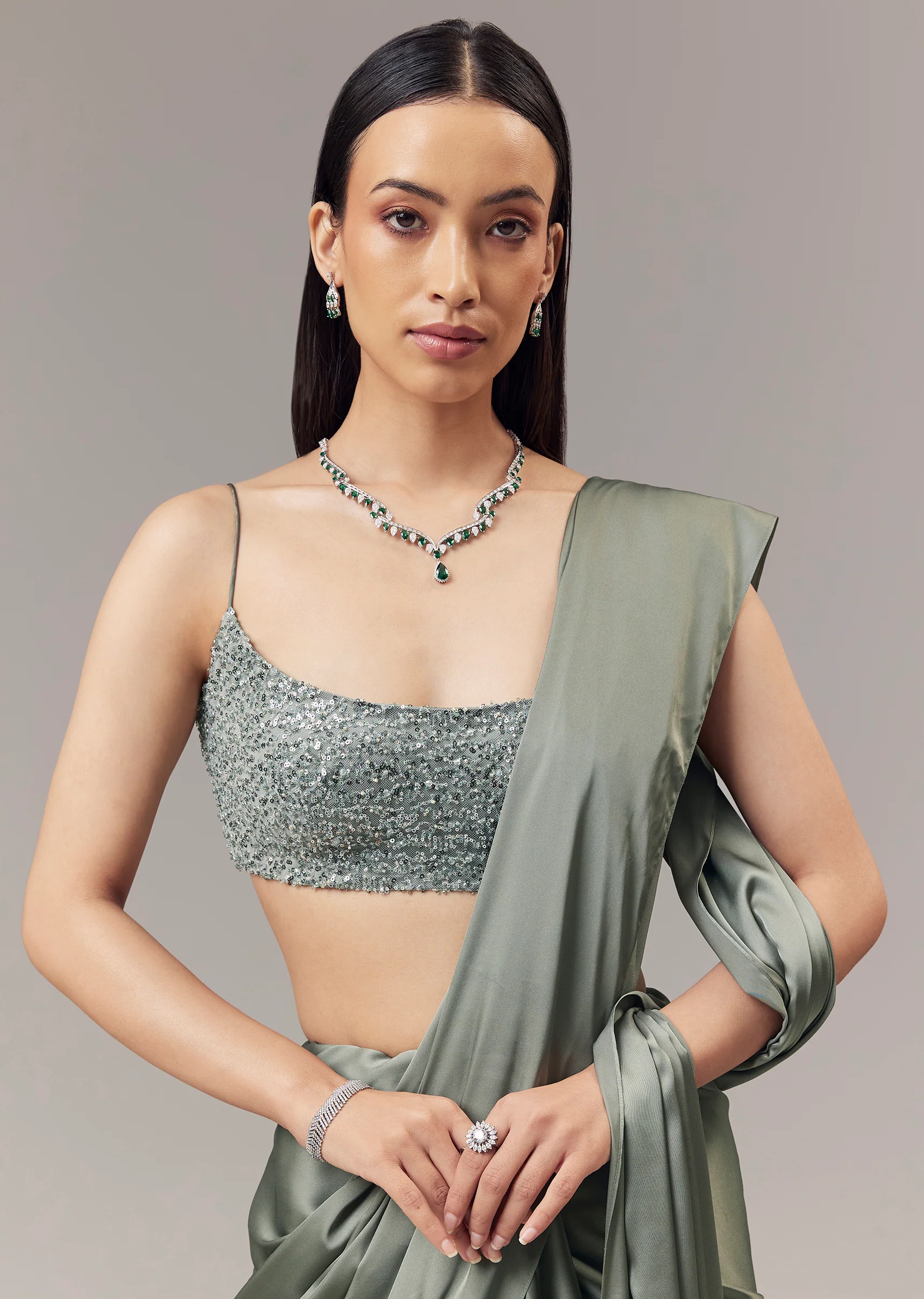 Green Satin Blend Saree With Cut Dana And Sequin Embellished Blouse